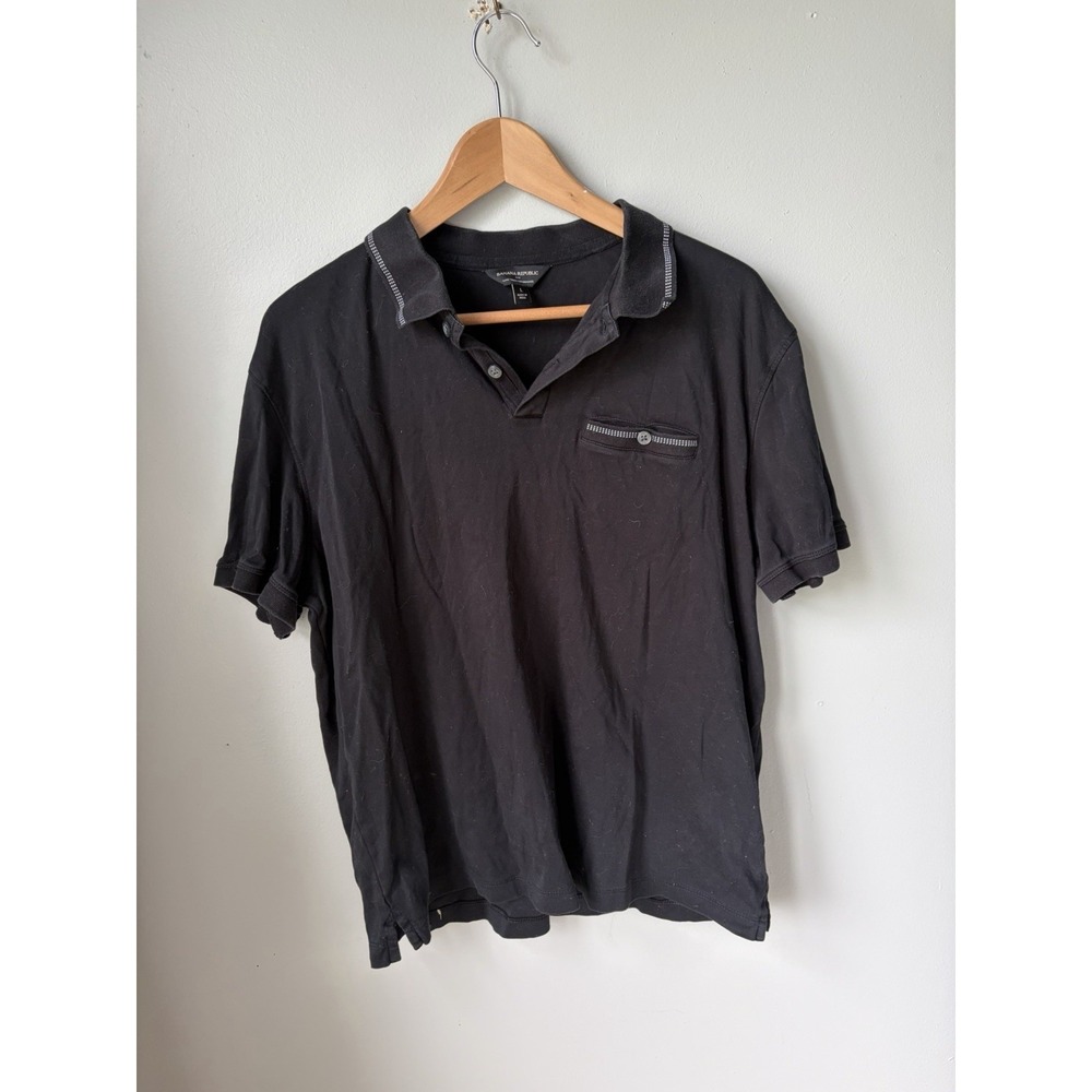 Banana Republic Factory Luxe Touch Polo Mens Black White Piping Button Up Size L